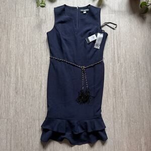 Karl Lagerfeld Paris Navy Sleeveless Dress Size 6 Ruffle Hem Chain Belt NWT $128